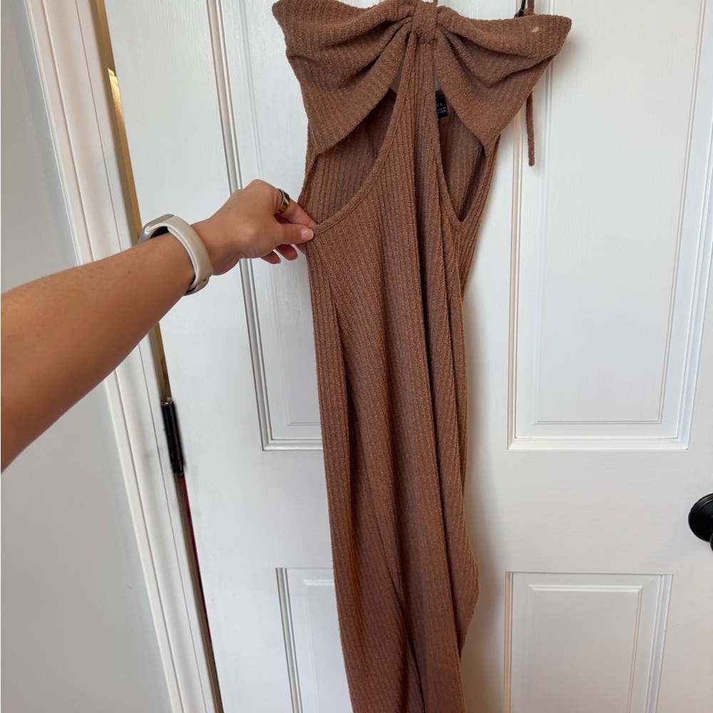 Windsor Strapless Brown Ribbed Maxi Dress with Bow Detail
